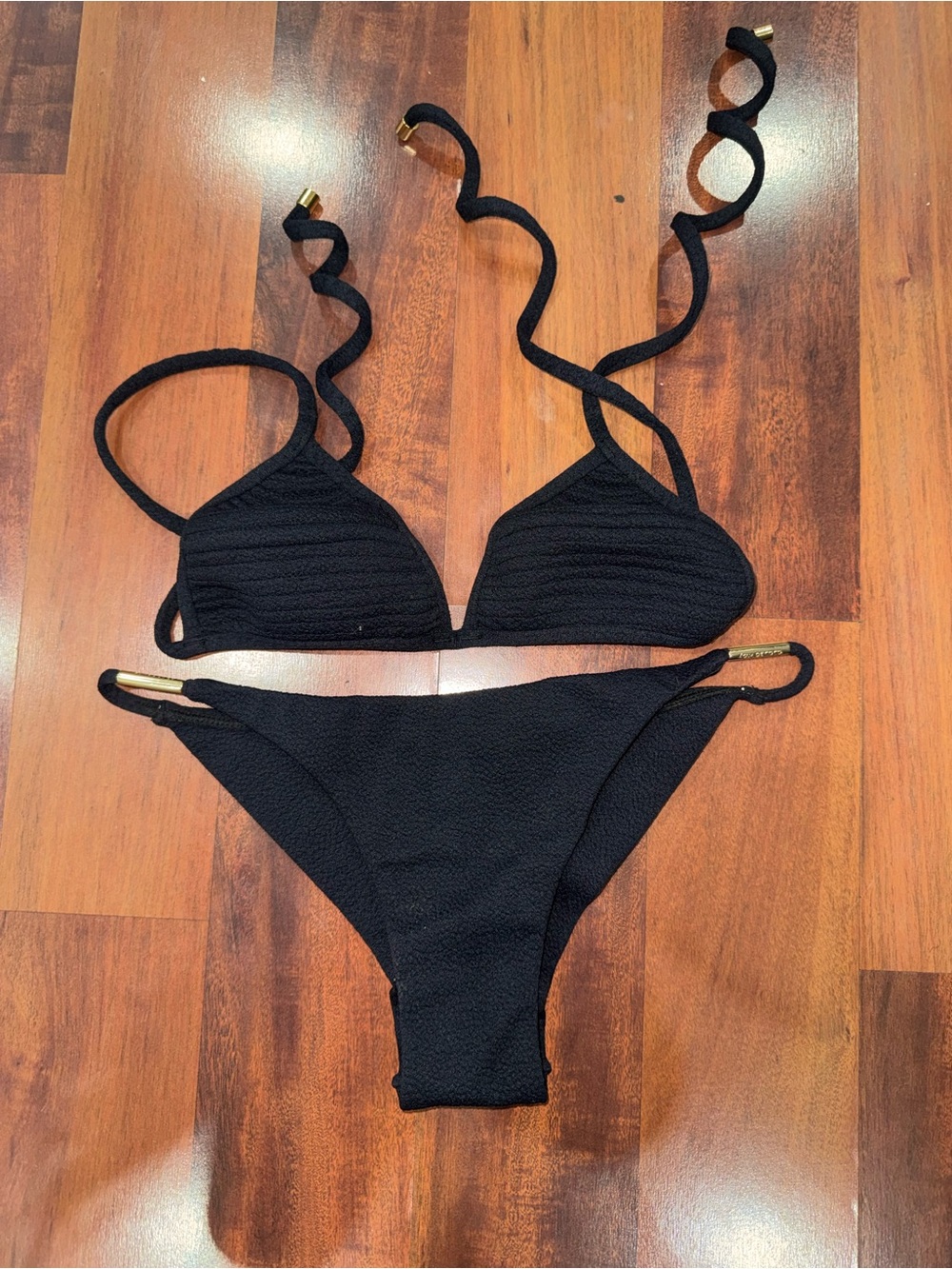 Textured Black Tie-Strap Bikini Set